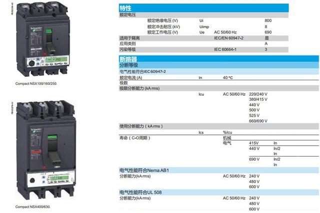 施耐德Compact NSX配電保護塑殼斷路器參數表
